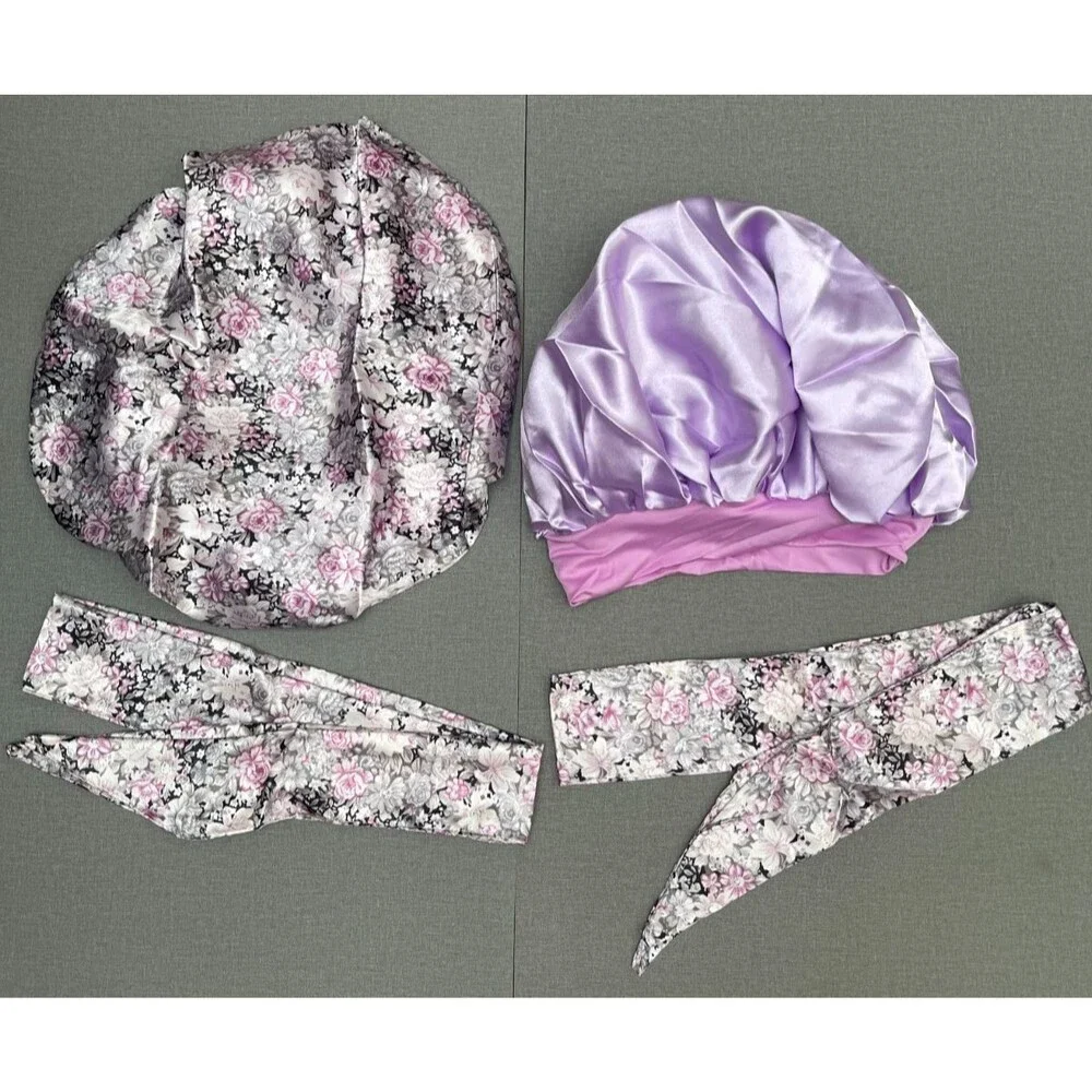 2 Pack Satin bonnet, large wide shower cap and hair strap set for woman